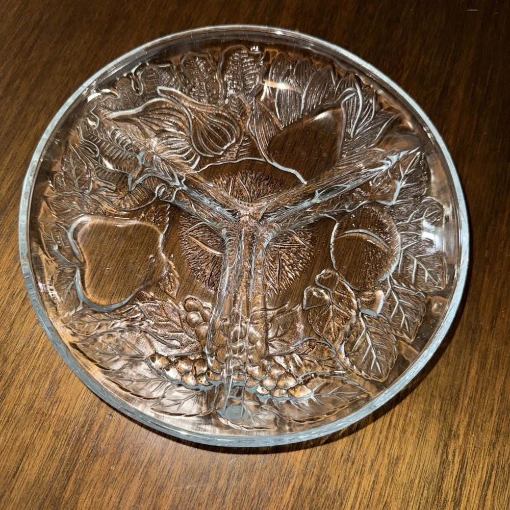 Vintage KIG Indonesia 3 Part DIVIDED RELISH DISH Fruit Clear Glass Round Platter